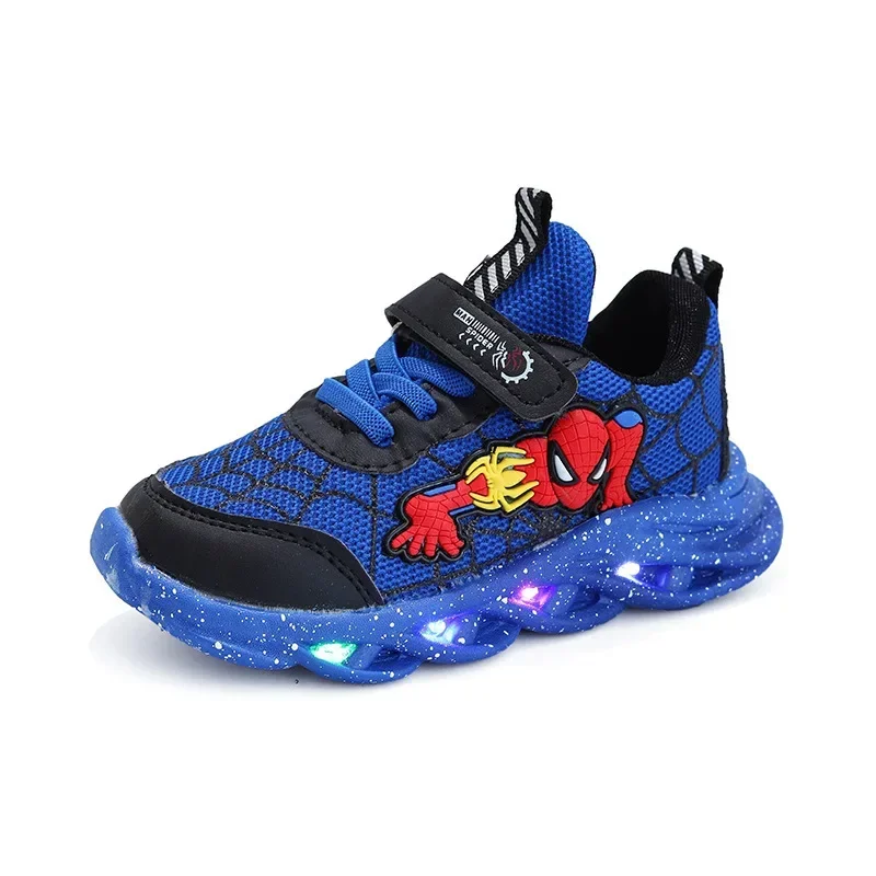 Disney LED Casual Sneakers rosso nero per ragazzi primaverili Spiderman Mesh Outdoor Shoes bambini scarpe antiscivolo illuminate taglia 21-30