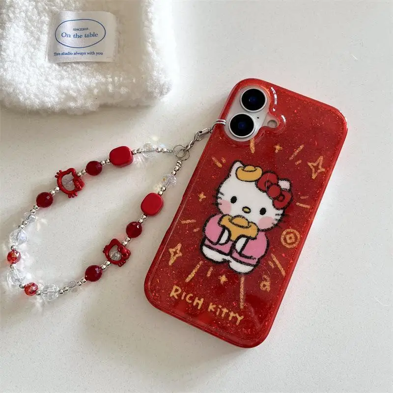 Sanrio Anime Cartoon Hello Kitty Phone Case Kawaii Iphone14/13/16/15Promax Anti Fall Phone Case Phone Chain Girl New Year's Gift