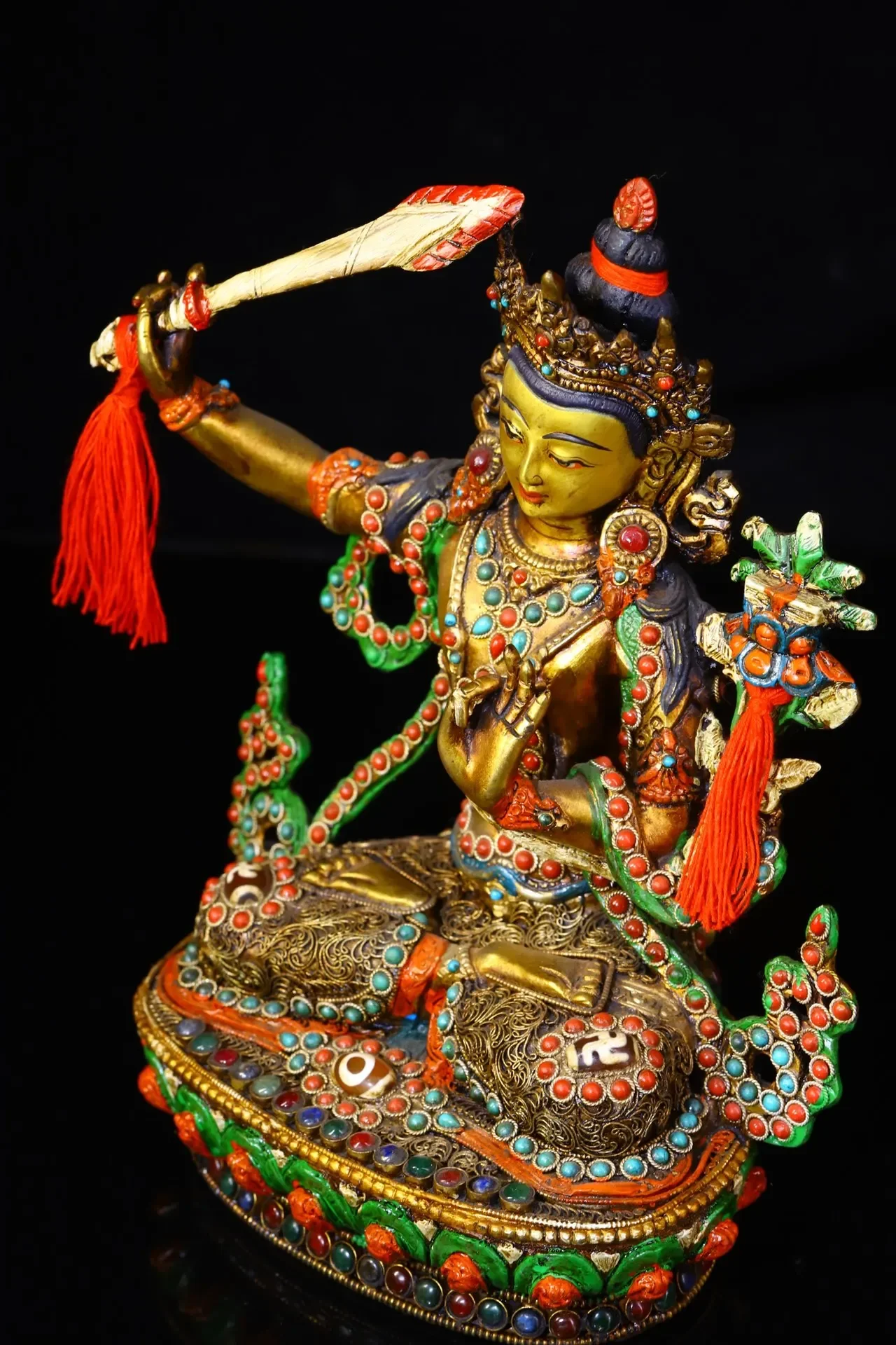 Old Bronze Painted Outline in gold Mosaic Gem gZi Beads Manjushri Sitting Buddha Worship Hall