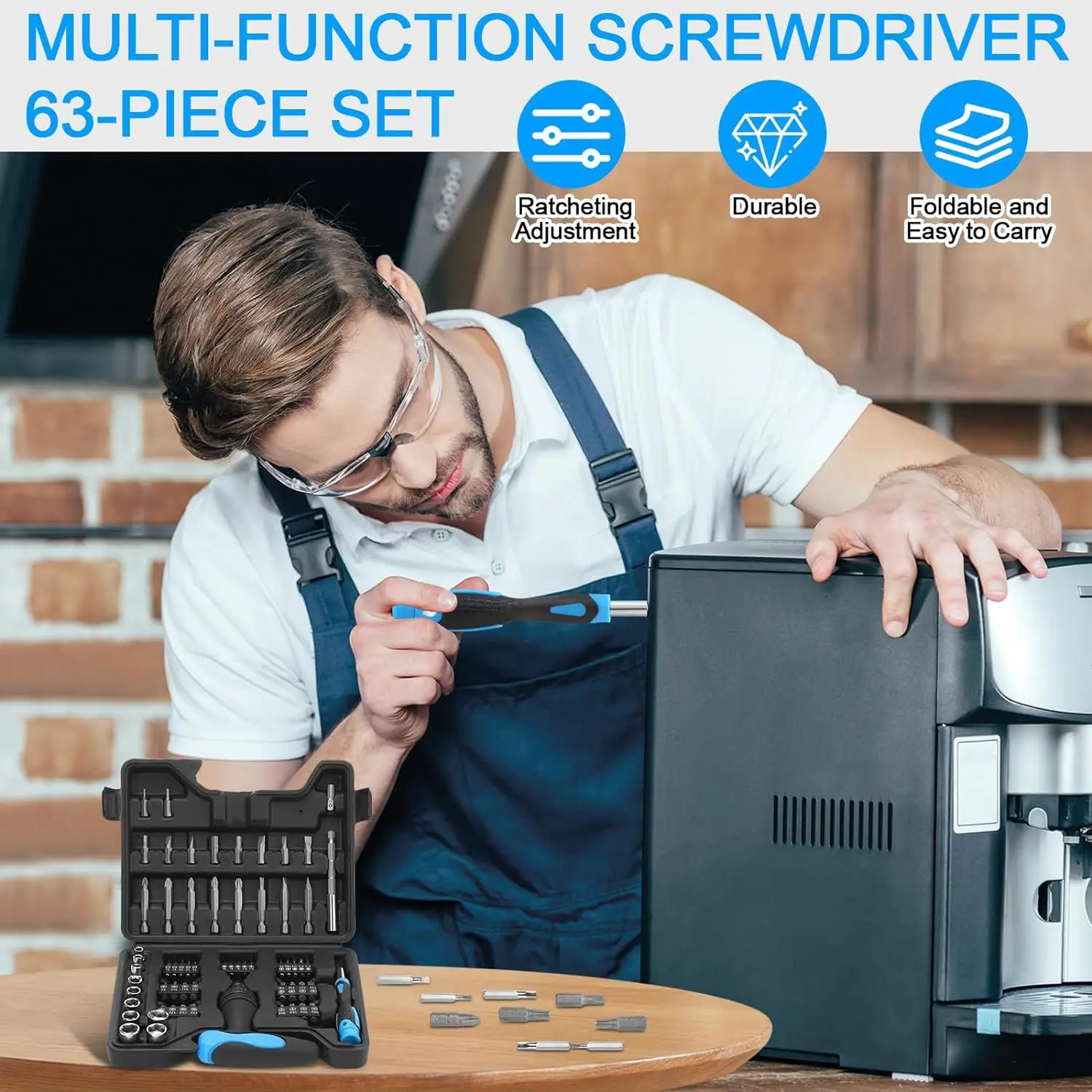 63-Piece Ratchet Wrench Set Multi-Functional Screwdriver with Flat-Head Phillips Hexagonal & Square Handles for Home Repair
