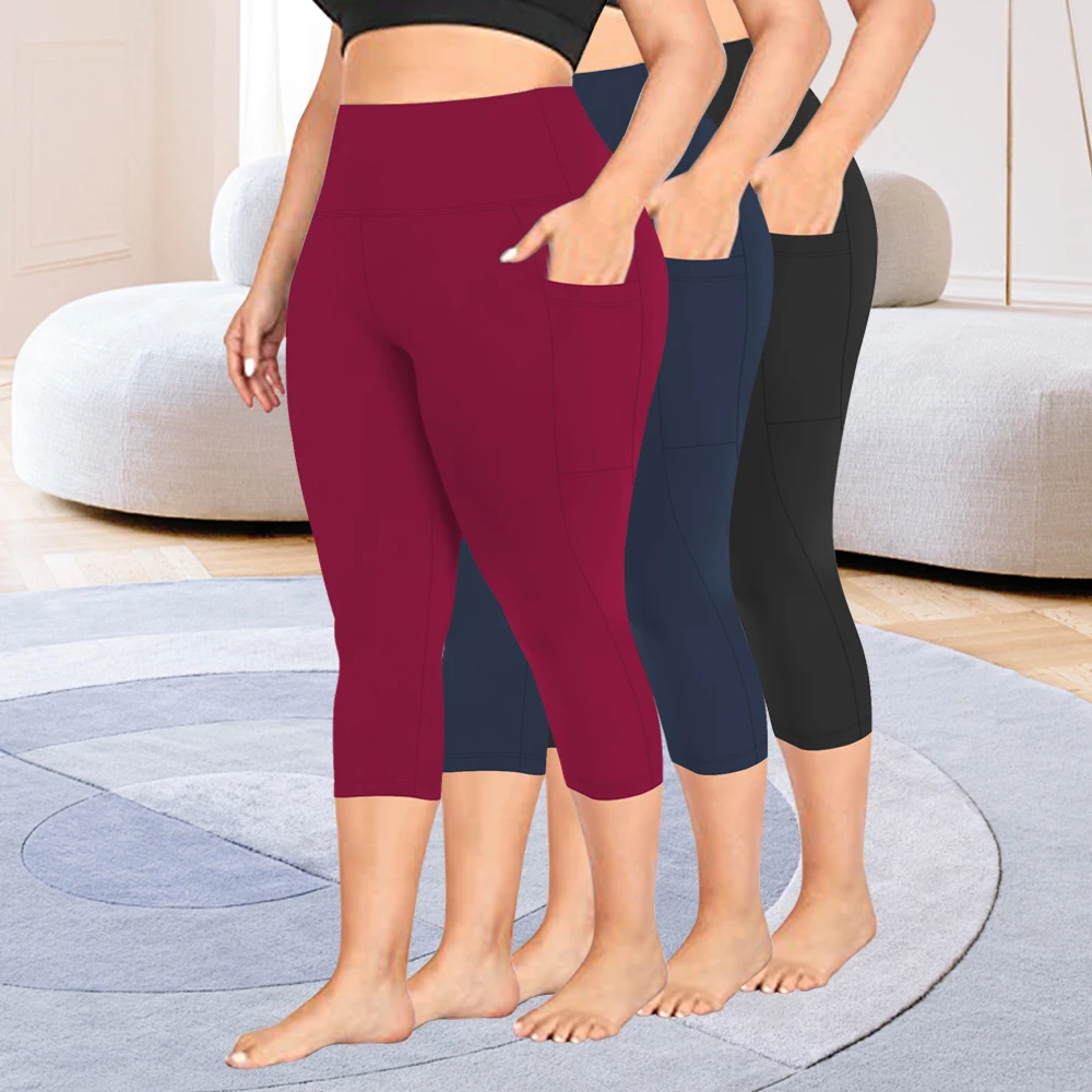 3 Pack Plus Size Sports Leggings Set, High Waist Yoga Pants With Pockets, Tummy Control Workout Running Yoga Leggings For Women