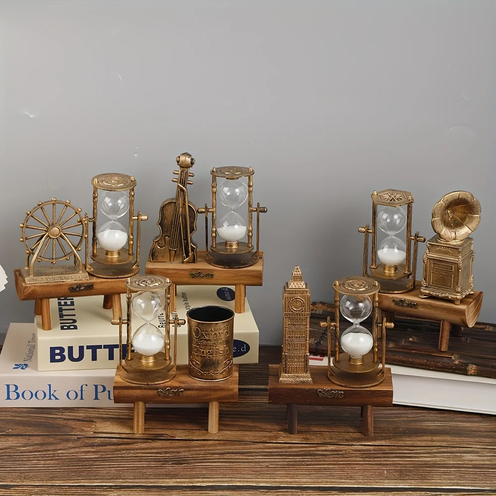 

Vintage Steampunk Timer Pen Holder with Wooden Base – Decorative Desk Accessory, Office Ornament & Unique Gift