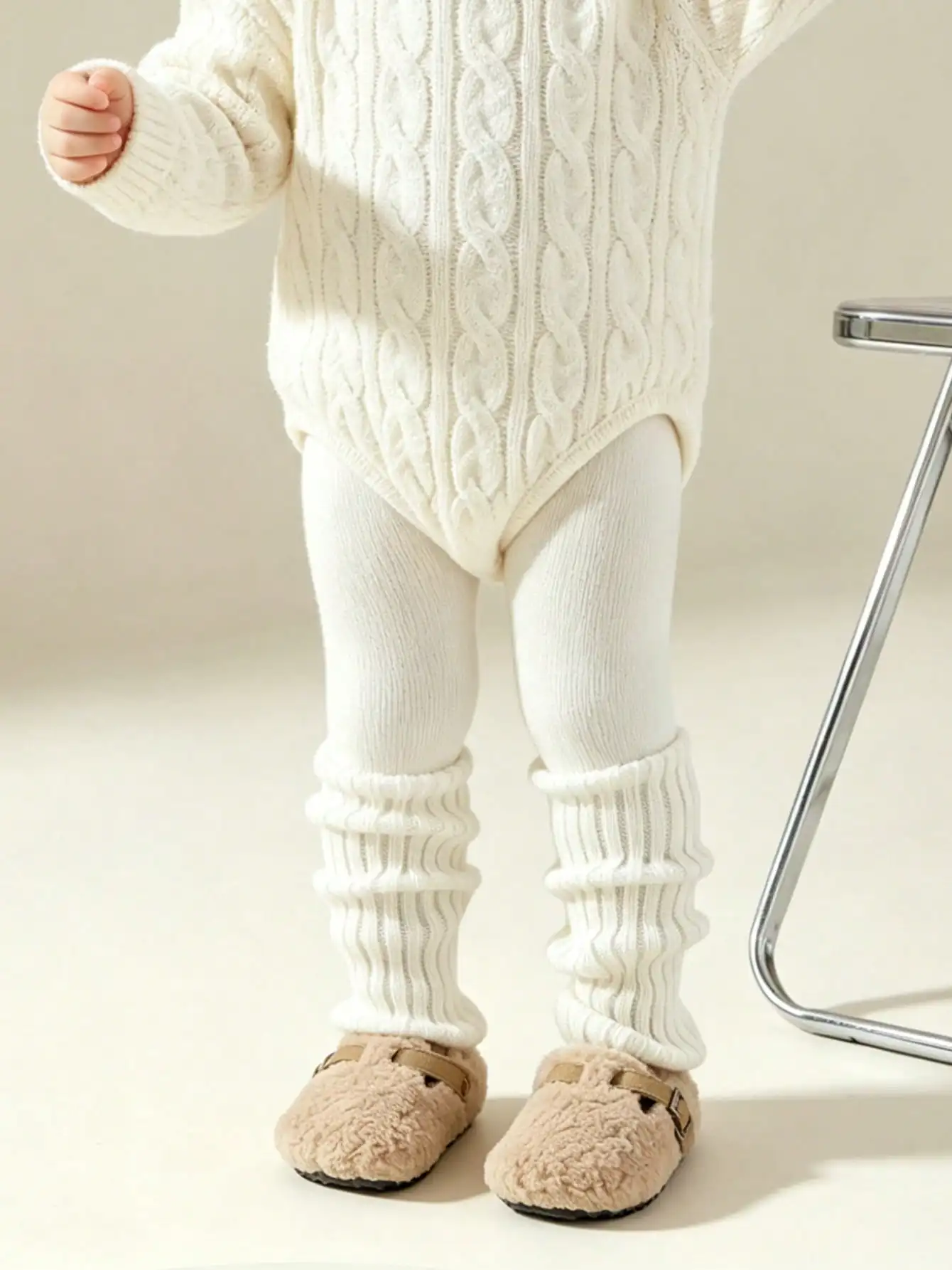 1Pair White Baby Ruffled Ribbed Knit Leg Warmers Soft Breathable Slouch Stacked Toddler Spring Autumn Knee High Leg Cover Socks