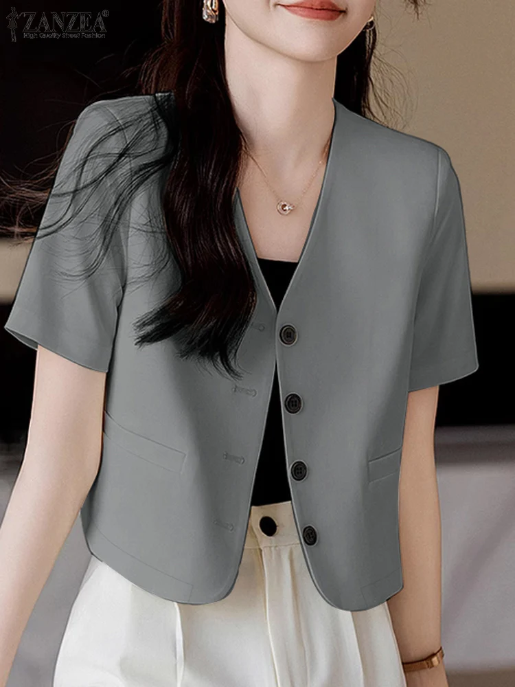 ZANZEA Women V Neck Blazer Tops Office Wear Short Sleeve Elegant Casual Blouse Button Up Korean Fashion Old Money Style Shirts