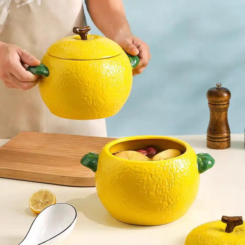 

Lemon Ceramic Soup Bowl with Lid Large-capacity Double-ear Soup Pot Household Kitchen Supplies Creative Lemon Modeling Bowl