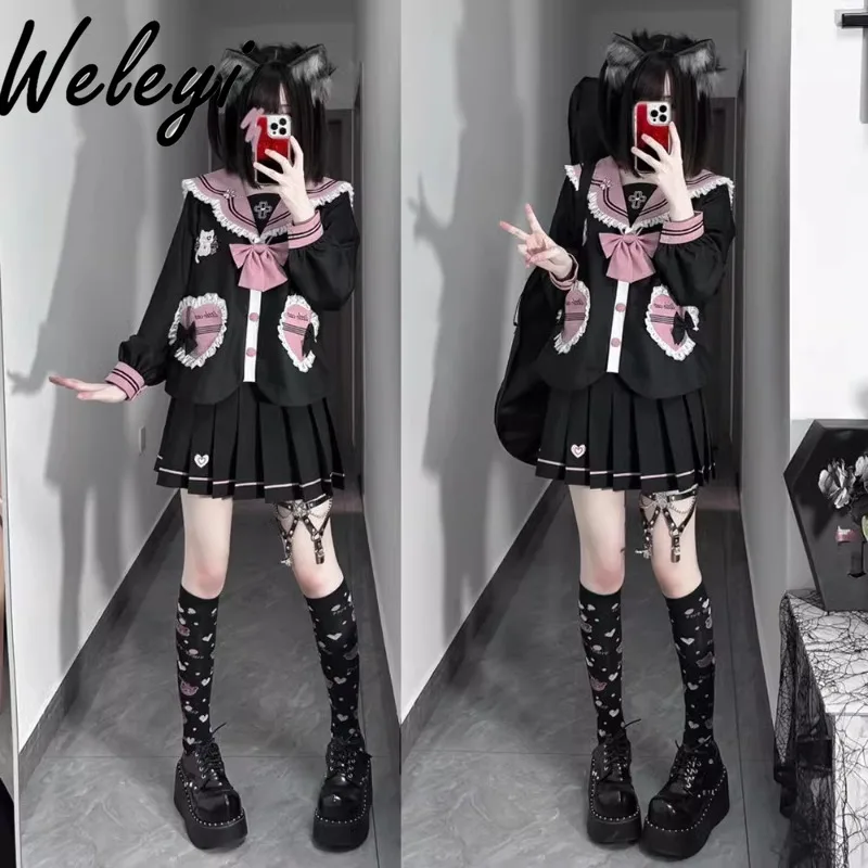 

Black Pink Jirai Kei Uniform Suit Ropa Mujer 2024 Spring Super Cutecore Y2k Sailor Sets College Style Sexy Two Piece Set Womens