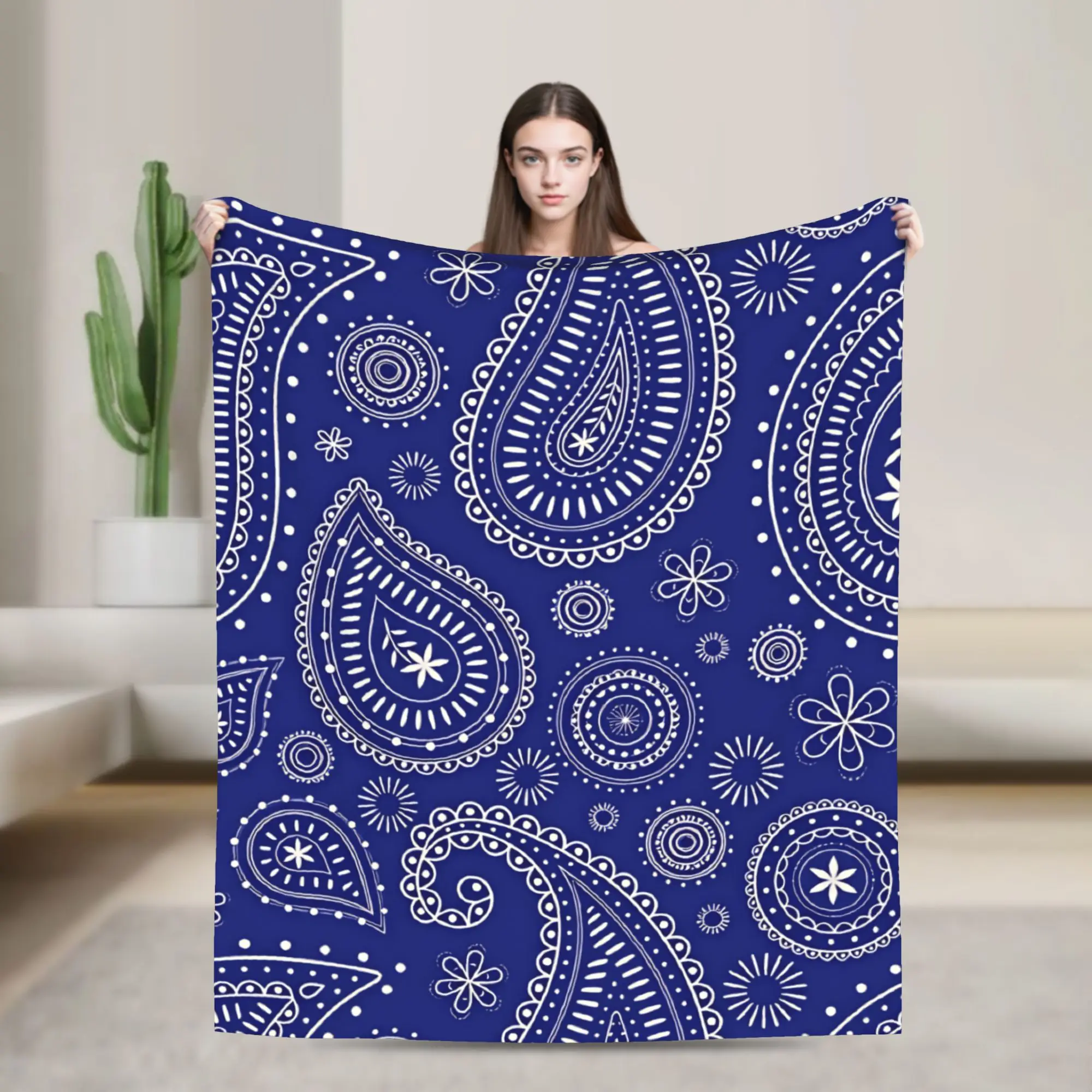 Royal Blue White Paisley Bandana Pattern Blanket Girls  Flannel Throw Blanket For Bedroom Cozy Custom Quality Bedspread Gift