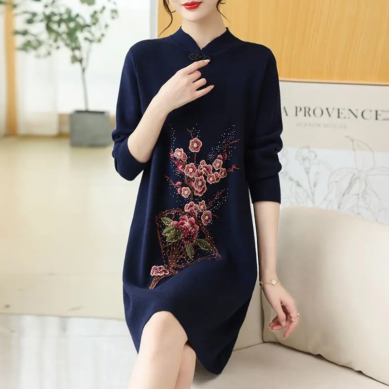 Women Autumn Winter Dress 2023 New Embroidery Thicken Knitting Warm Office Lady Dresses High Quality Oversize A-line Vestidos