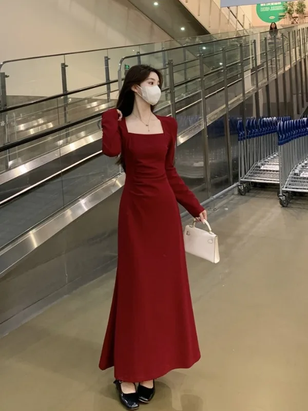 

Красное винтажное женское платье большого размера с длинным рукавом, квадратным вырезом, А-силуэтом, завышенной талией, для осени, для города и офиса