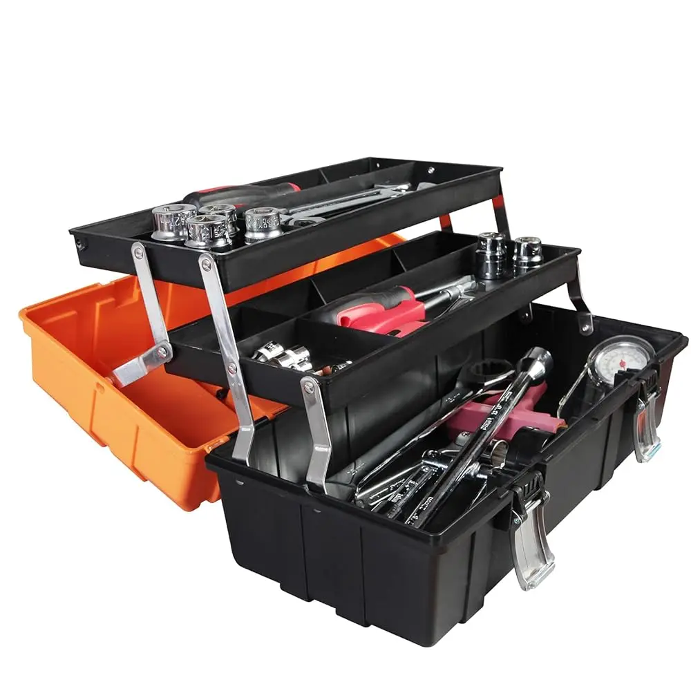 17-Inch Plastic Tool Box,3-Tiers Multi-Function Storage Portable Toolbox Organizer, Black/Orange Atrjh-3430T