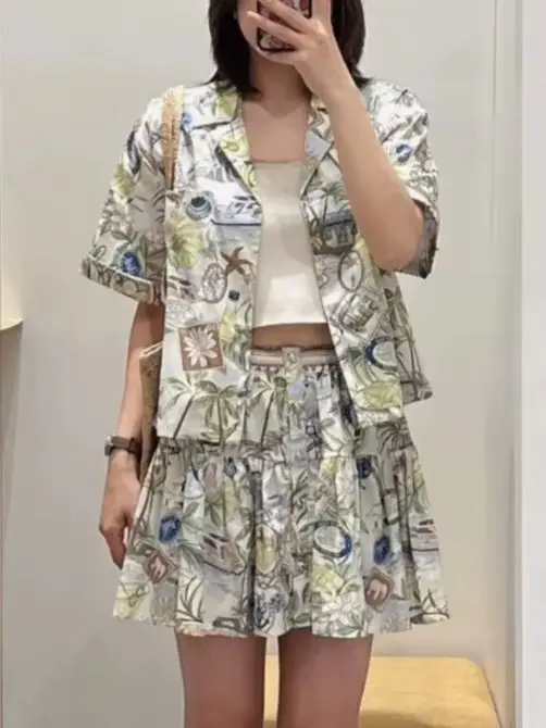 

Spring/Summer Women Turn-down Collar Print Set Short Sleeve Shirt + High Waist A-line Pleated Mini Skirt + Vacation Midi Skirt