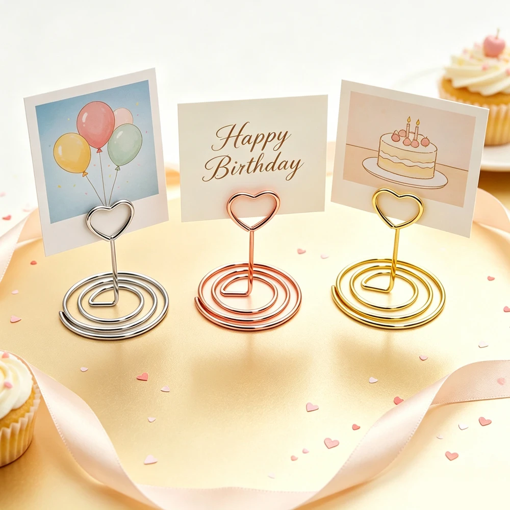 10Pcs Double Hollow Heart Wire Place Card Holders, Spiral Base Metal Table Number Stands, Photo Memo Name Card Clips for Wedding