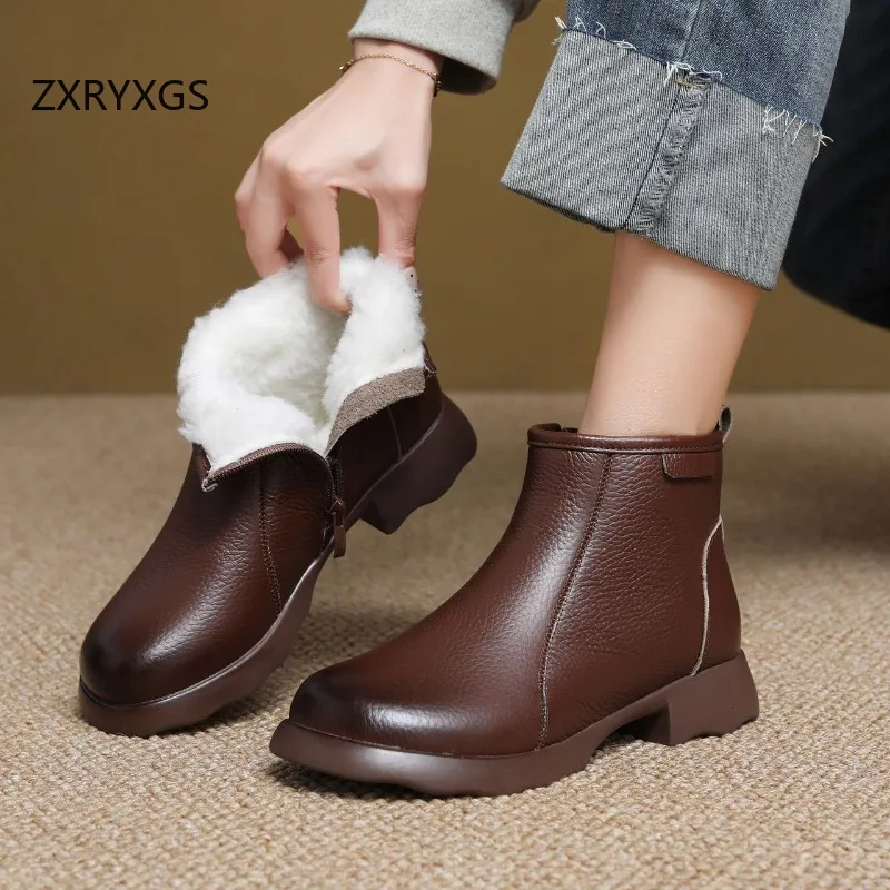 

ZXRYXGS 2025 New Winter Top Cowhide Warm Shoes Snow Boots Comfortable Elegant Low Heel Women Genuine Leather Boots Cotton Boots