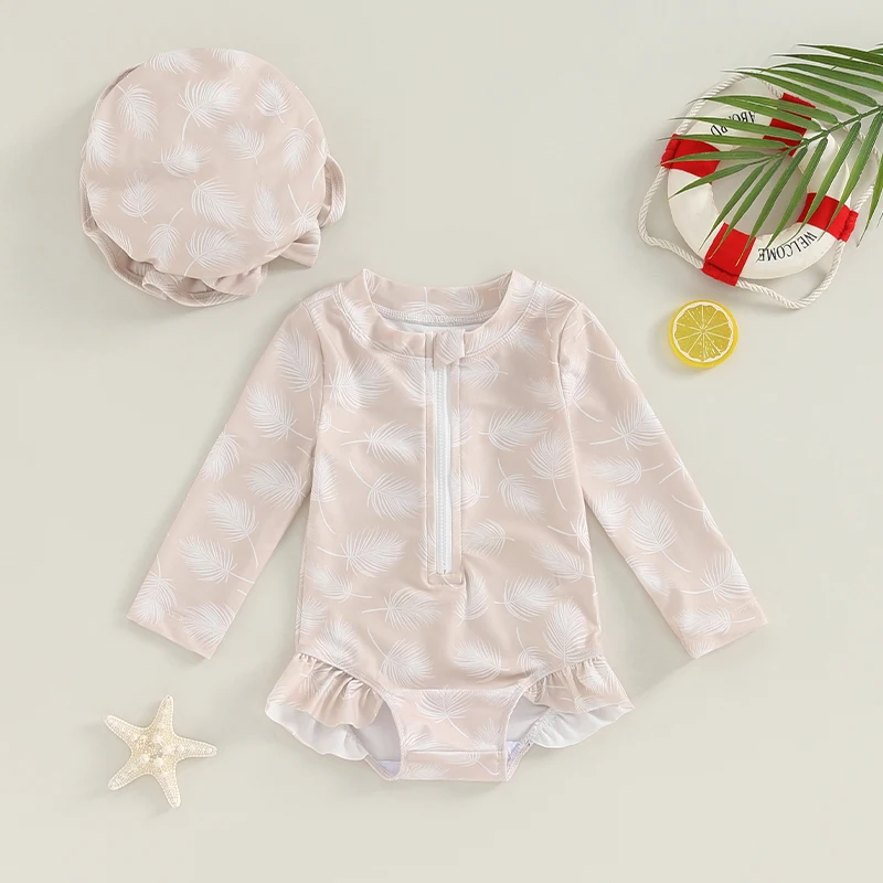 

6M-3T Toddler Baby Girl 2 Piece Swim Suit Round Neck Flower Print Zip Front Long Sleeve Swimsuit + 3D Bow Swim Cap Bathing Suit