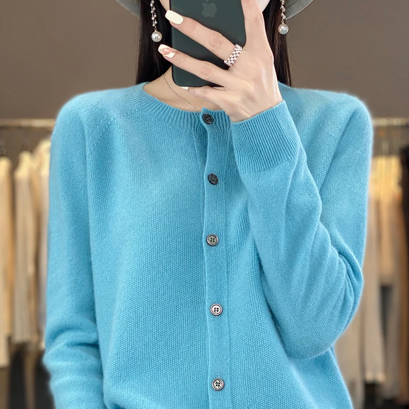 ZYCZCXX 100% Merino Wool women\'s knitted Cardigan O neck sweater Women 2024 new solid color basic sweater cardigan Korean jacket