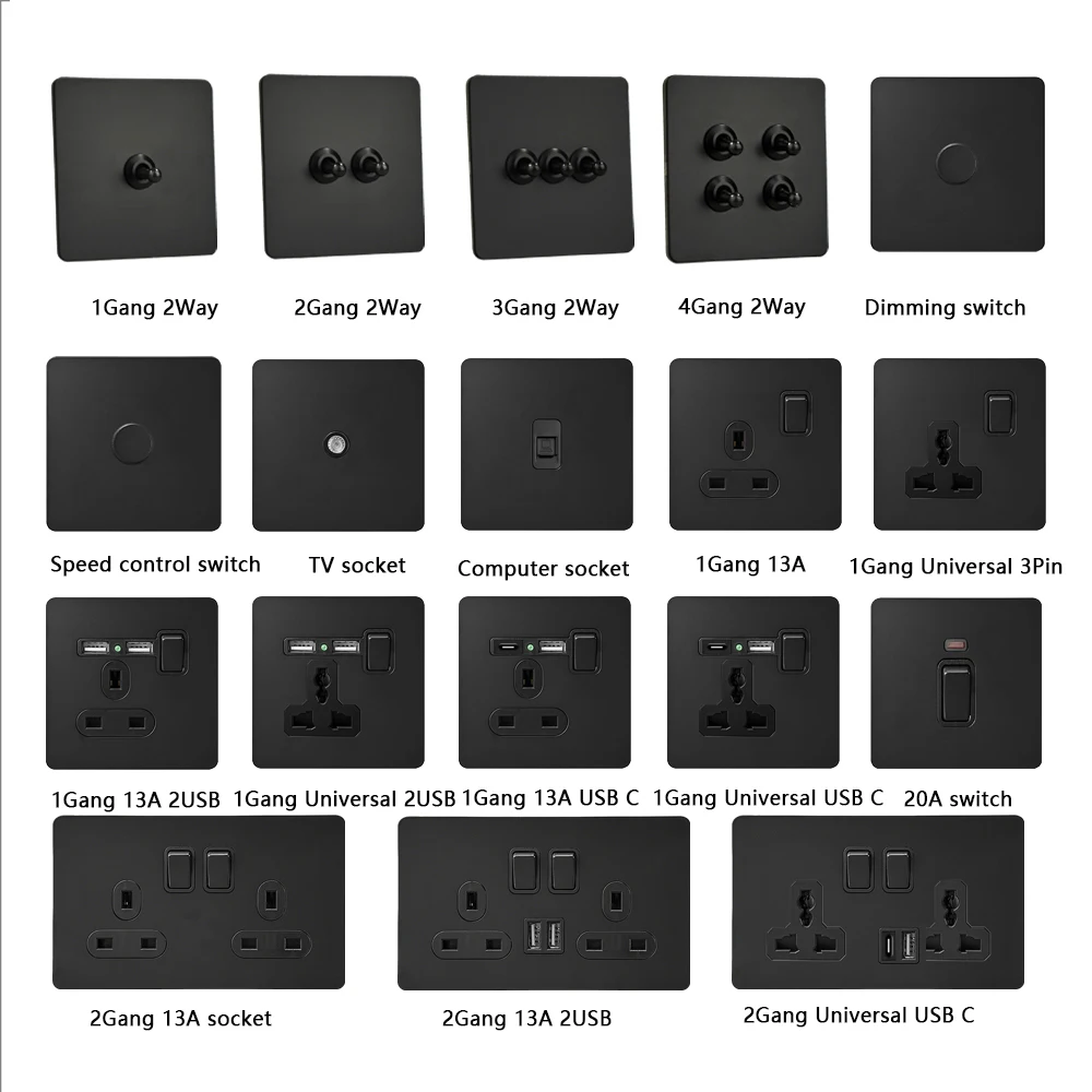 Retro Light Switch Lever Wall Power ON OFF Socket Panel,EU RU FR Black Stainless Steel Dual Usb Outlet  1-4Gang 1/2Way Switch