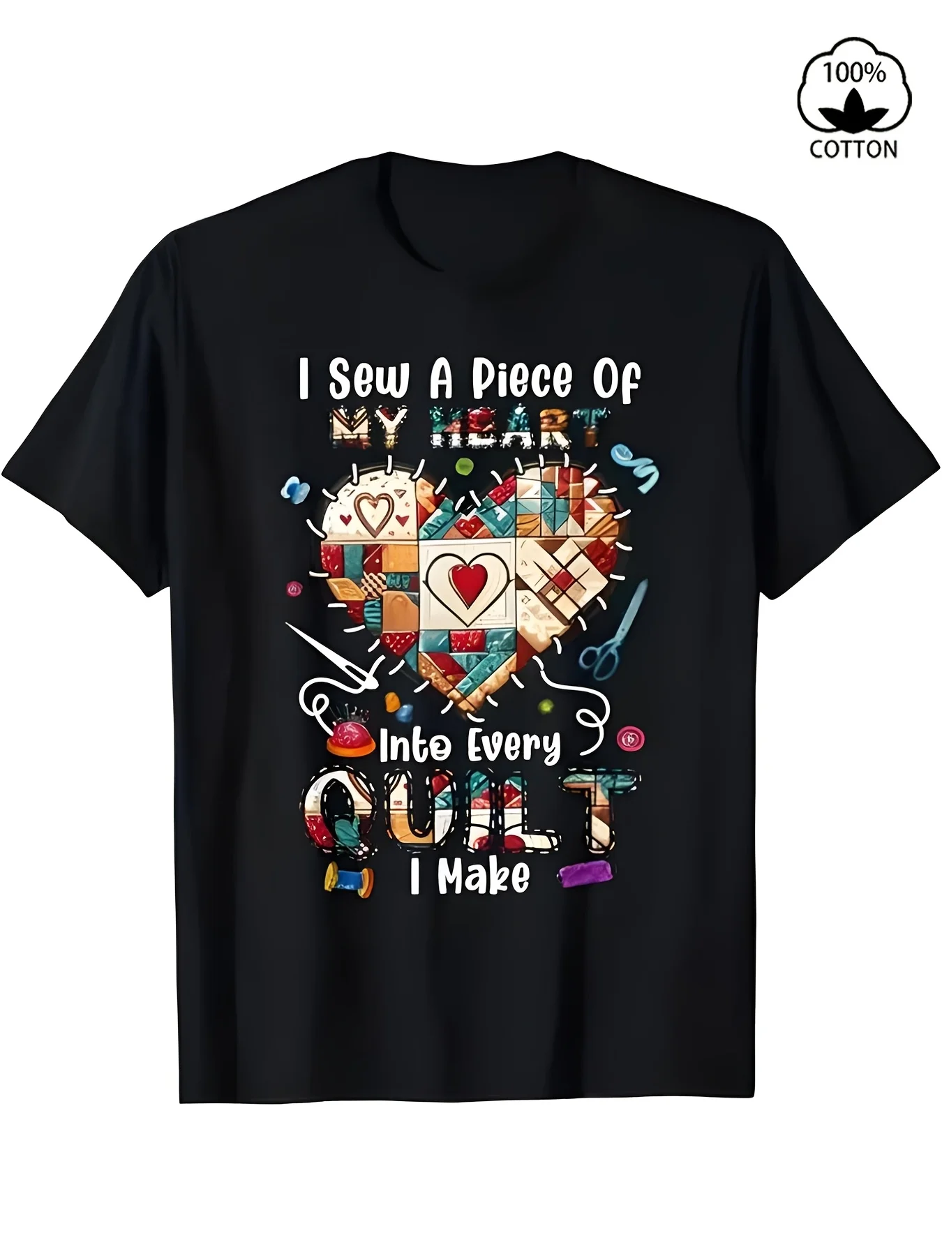 Womens Mens Relaxed Fit I Sew My Heart Into Every Quilt I Make Quilting Graphic TShirt Soft Breathable Black Crew Neck Short Sleeve Tee with Quilt Block Fabric Swatches Design IdealRetro Casual Short-sleeved T-shirt with a Round Neck and Printed