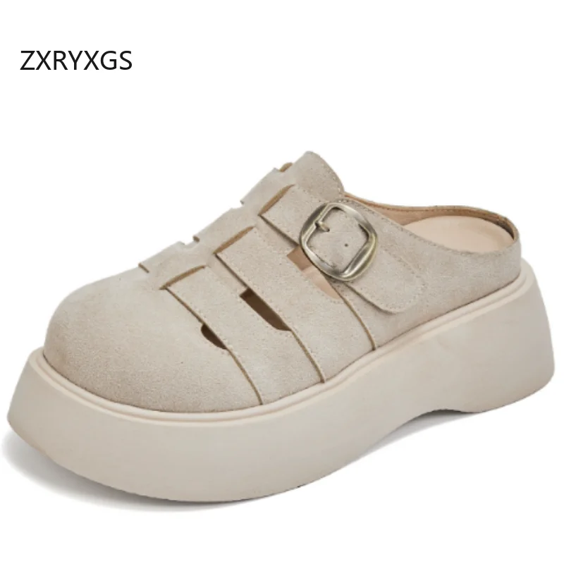 ZXRYXGS 2025 New Summer Premium Frosted Cowhide Woven Hollow Women Leather Slippers Platform Elevator Slipper Outside Shoes Tide