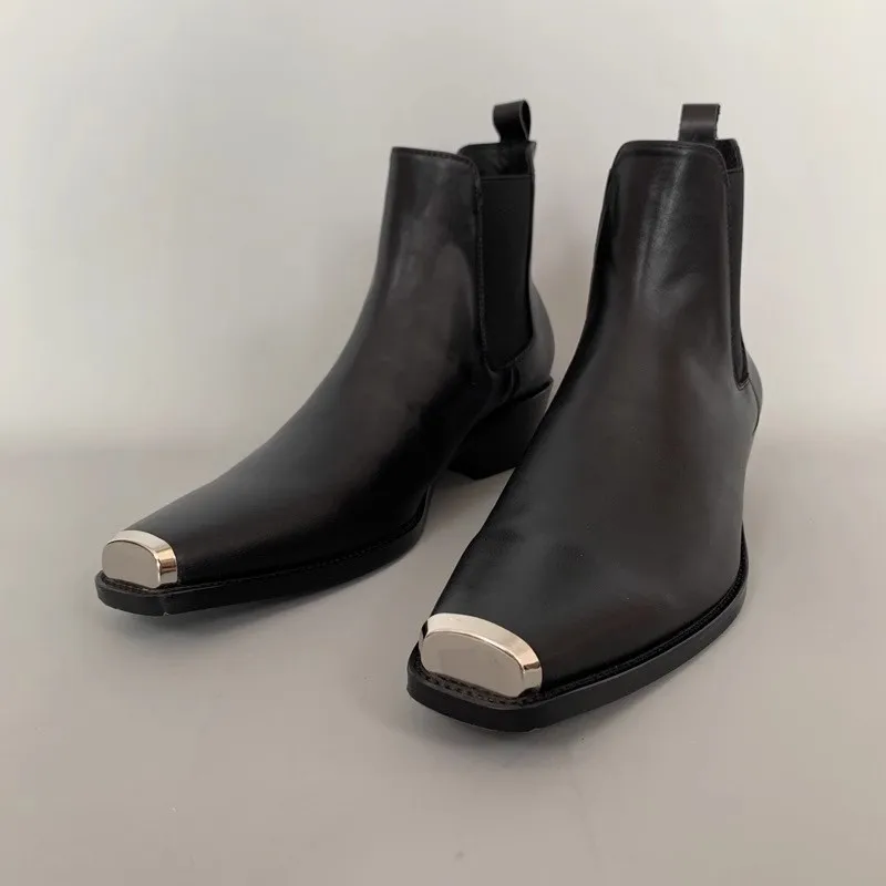 

Fashion Mixed Color Slip-On Ankle Boots Male Knight Boots Metal Pointed Toe Chunky Heel Genuine Leather Chelsea Boots for Men