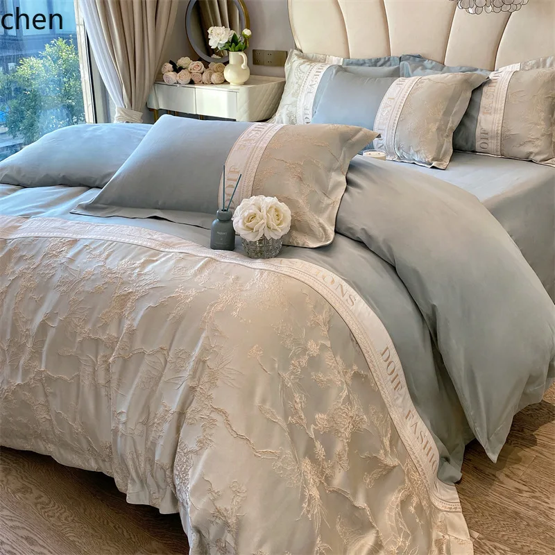 YFY Luxurious and Sophisticated Long-Staple Cotton Four-Piece Set with Embossed Embroidery Duvet Cover and Bed Sheet