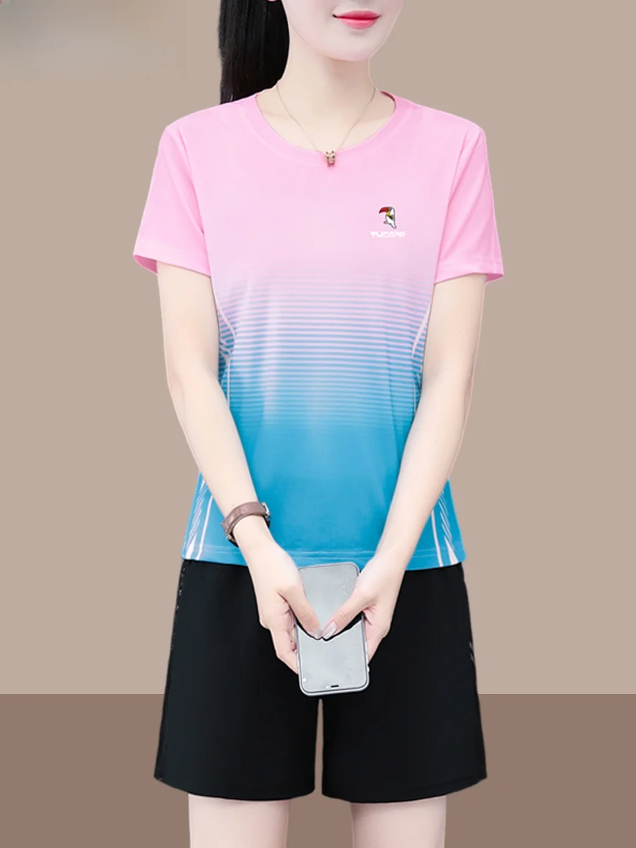 TUCANO-Conjunto deportivo de seda de hielo para mujer, traje deportivo informal fino y seco para correr, conjunto de dos piezas redondo Ne ort Sve