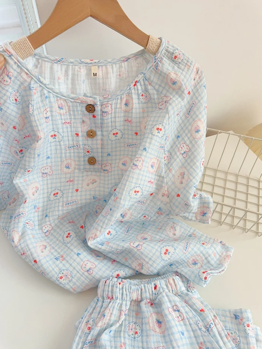 

Pure Cotton Spwear Soft Double Layered Gauze Loose Comfortable Home Clothes Cherry Stberry Rabbit Print Summer Nightgown