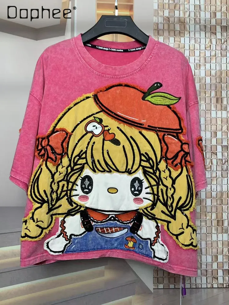 

Trendy Brand Autumn Heavy-duty Rhinestone Cute Girl Patch Cartoon Cute Loose Short-sleeve T-shirt for Women Kawaii Clothes
