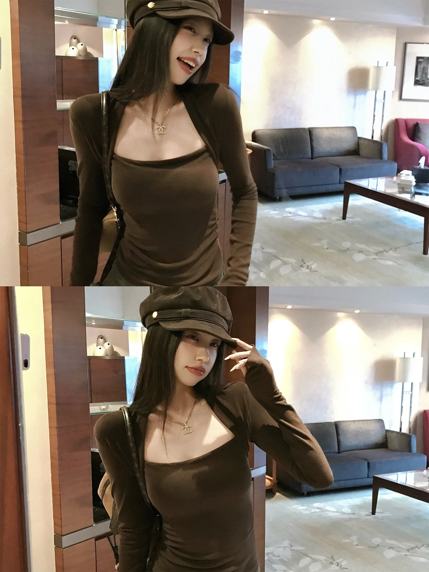 

Облегающая футболка с длинным рукавом, базовый слой, новинка ранней осени, кофейного цвета, сексуальная, для девушек, базовый слой, футболка