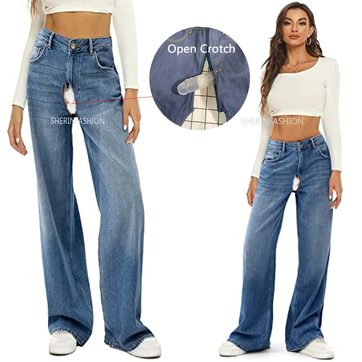 

Invisible Open Crotch Pants Wide Leg Bell Bottom Jeans Women 2023 Fashion High Waist Loose Pantalon Femme Overalls Denim Pants