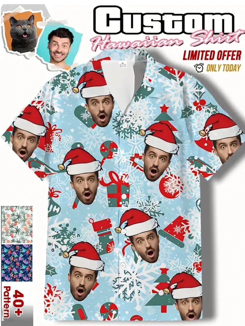 

Рождественская рубашка с лицом «сделай сам», трендовая модная забавная персонализированная рождественская рубашка с 3D принтом, свободные рубашки с короткими рукавами и лацканами Camisa