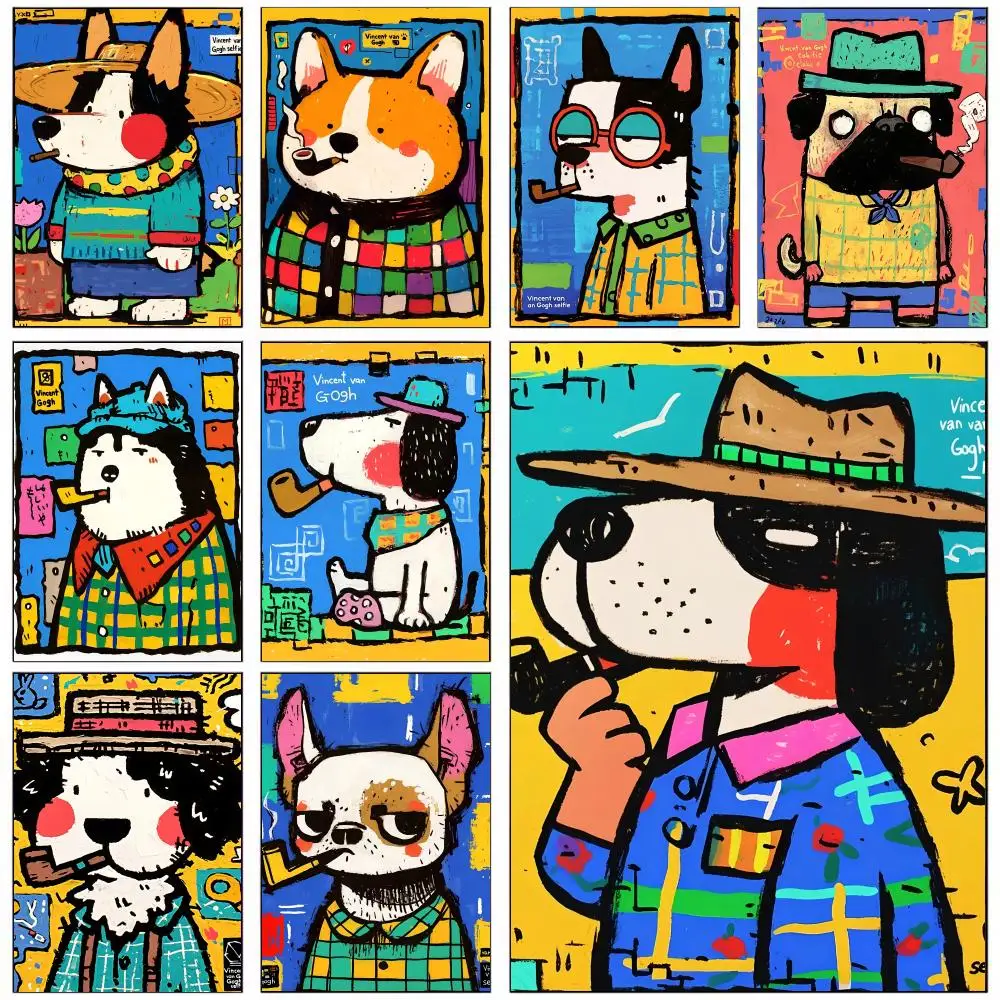 Funny Van G-Gogh Dog Poster Self-adhesive Art Waterproof Paper Sticker Coffee House Wall Decor