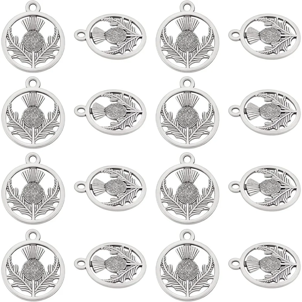 

100pcs Tibetan Style Alloy Pendants Flat Round with Flower Scotland Thistle Charms Antique Silver Necklace Pendants for kits