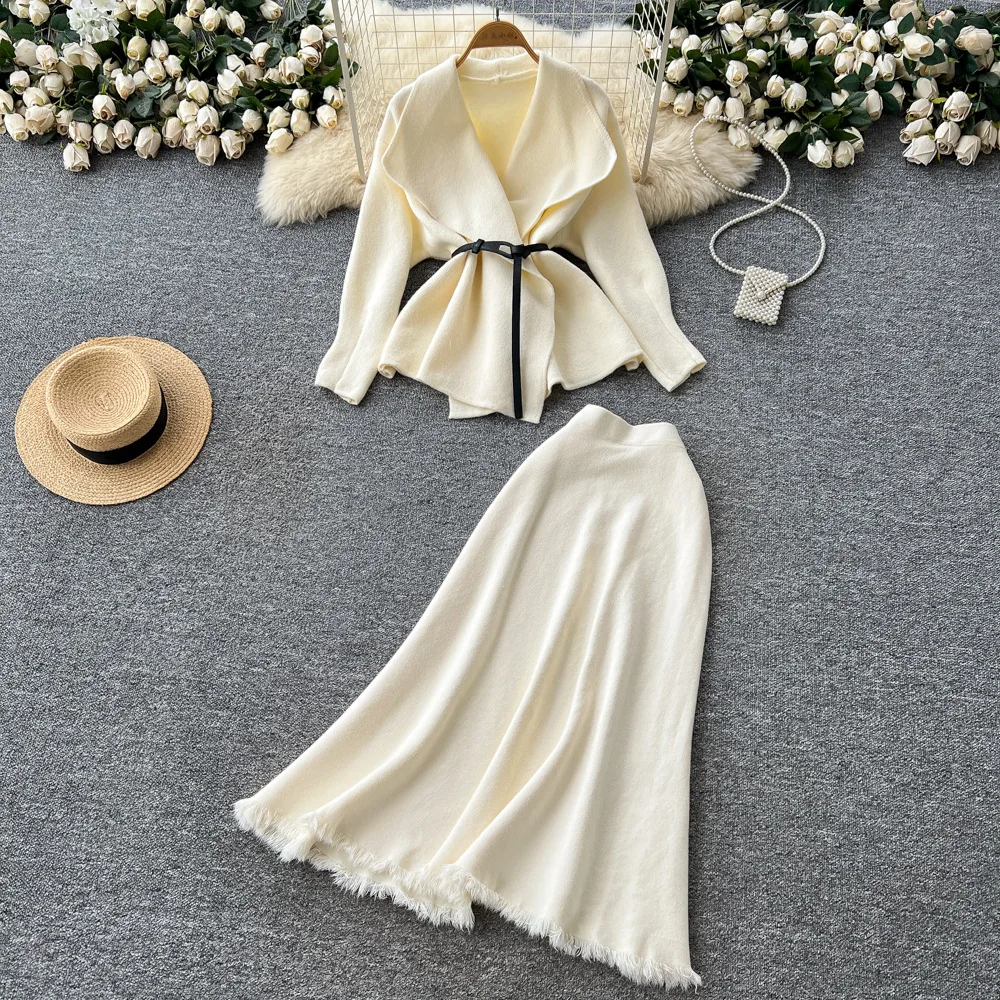 

Women Two Piece Sets Skirt Set Turn Down Collar Full Sleeve Coats Sweaters Long Skirts High Waist Y2k Streetwear Elegant Autumn