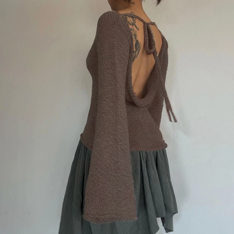 Rapcopter Solid Backless Sweaters y2k Vintage Solid Baggy Smock Top Autumn Winter Flare Full Sleeve Jumpers Knitwear Aesthetic