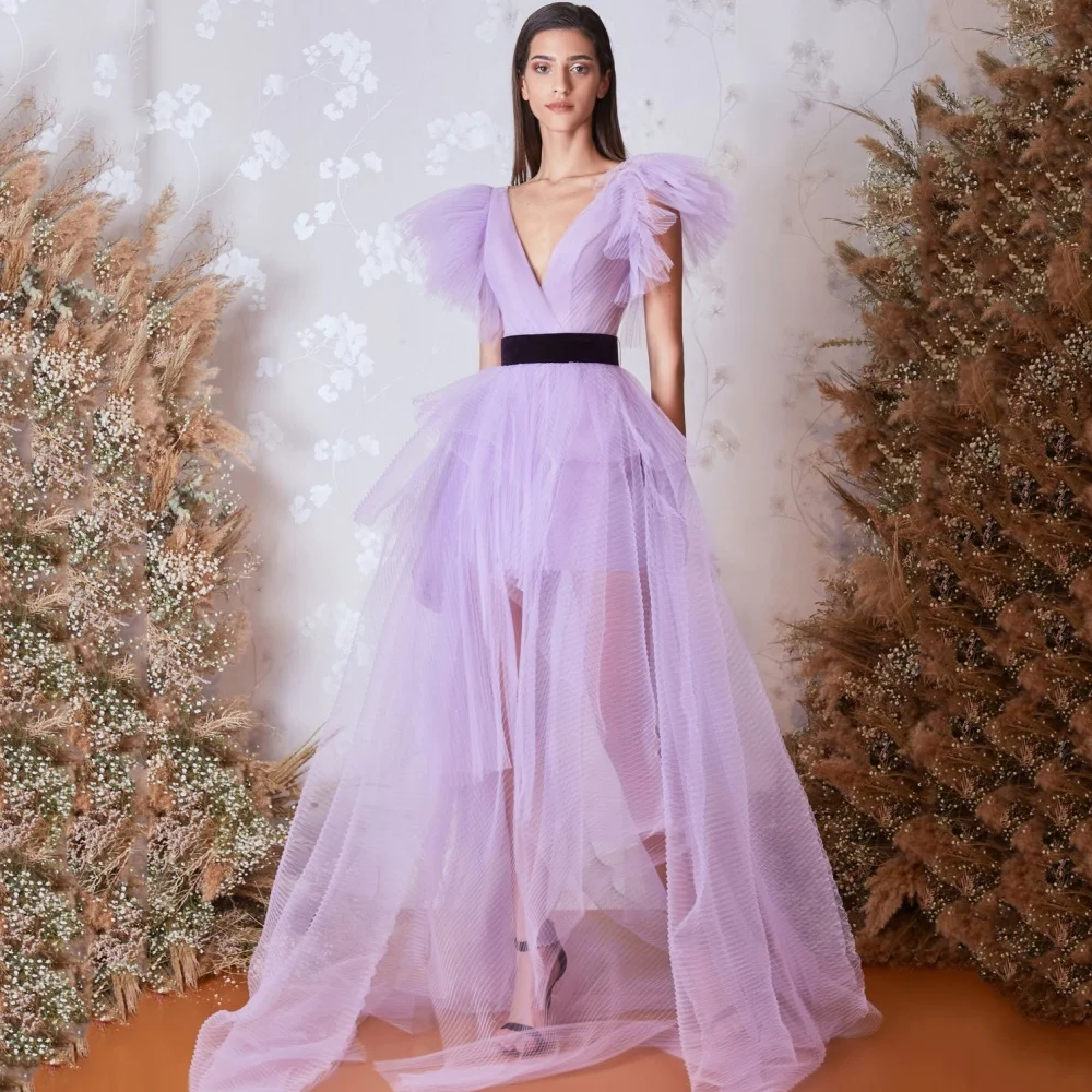 

A Line Elegant Prom Dresses Simple Customized Tulle Illusion Party Gowns Deep V Neck Evening Dress New Vestidos De Novia