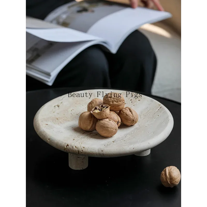 Wabi Sabi Marble Reception Tray Decorative Fruit Bowl Table Decor Vintage Travertine Stone Jewelry Perfume Plate with Three-legs