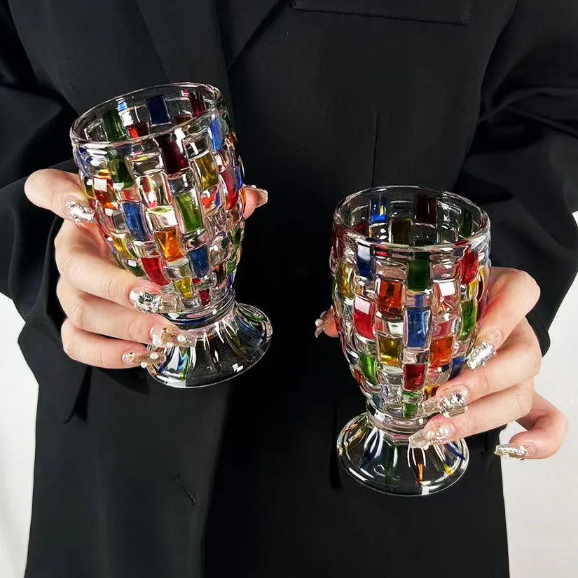 European-style Hand-painted Stained Glass Candy Jar Woven Pattern Fruit Bowl Contrast Vase Painted Juice Cup Whiskey Glass