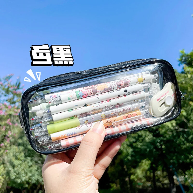 Kawaii Transparent Pencil Case Large Capacity Waterproof Pen Box for Girls Cosmetic Bag Stationery Office School Supplies