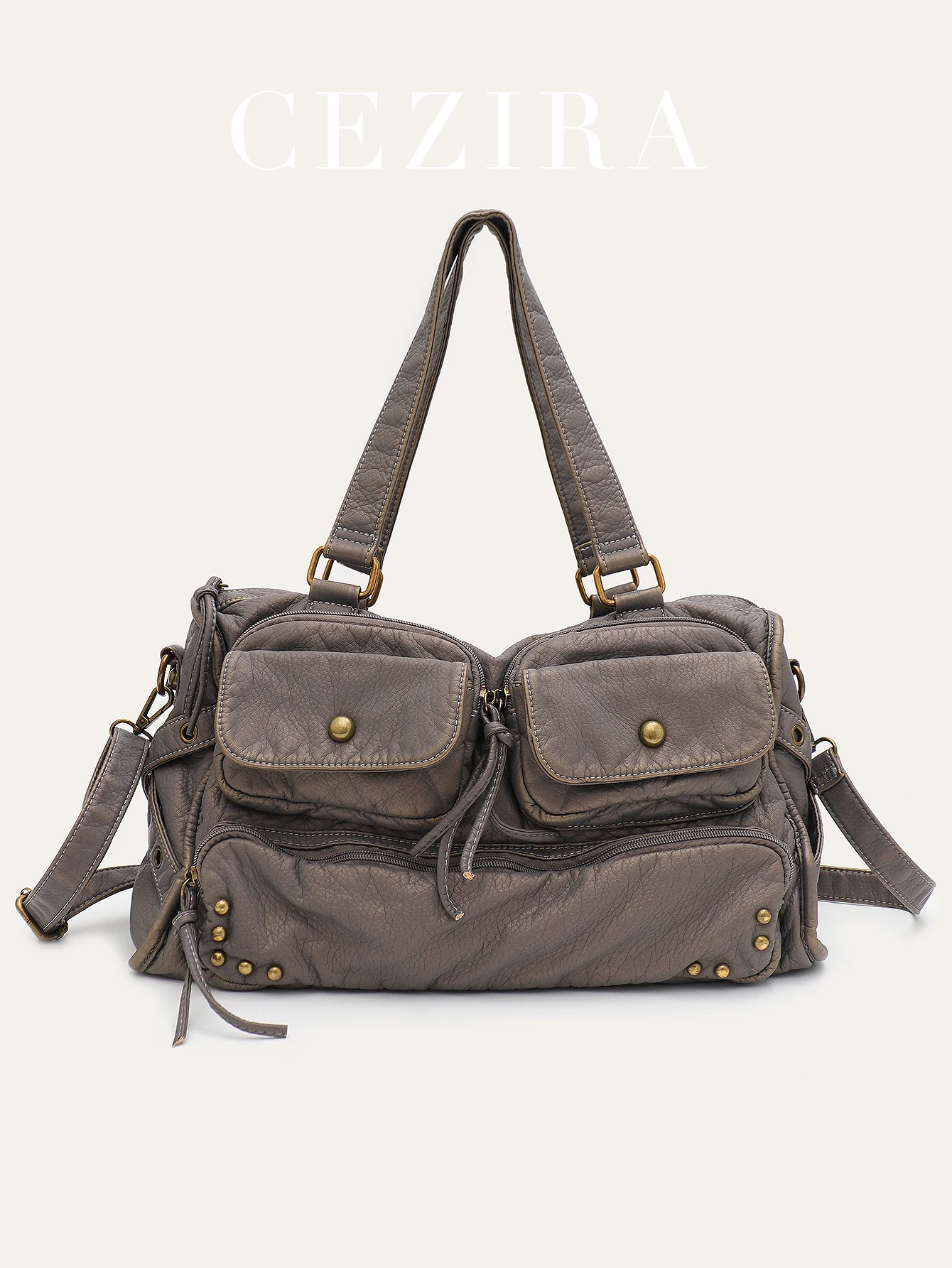 

CR Women Retro Soft Washed PU Leather Handbag Y2K Cool Street Large Tote Cross body Shoulder Bag Multi Pockets College Travel