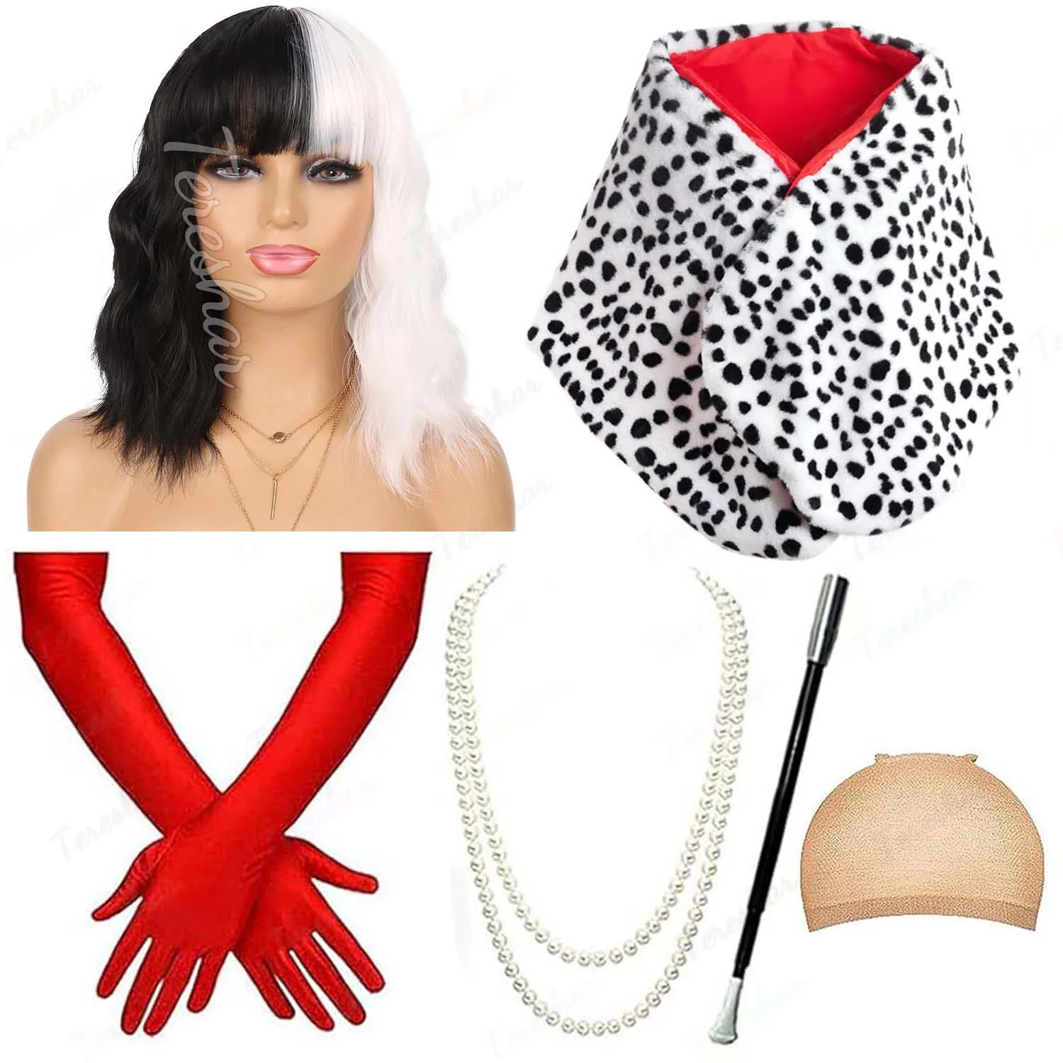 

Синтетические 6 шт., аксессуары для костюмов для косплея на Хэллоуин с коротким черно-белым париком, искусственная шаль, красные перчатки, костюм, жемчужное ожерелье