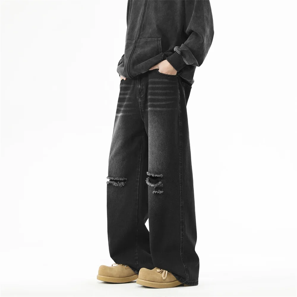 メンズハイストリートリップドジーンズ、ヴィンテージウォッシュ加工ダメージ加工ミッドライズストレートレッグカジュアルパンツ、韓国風ワイドレッグパンツ