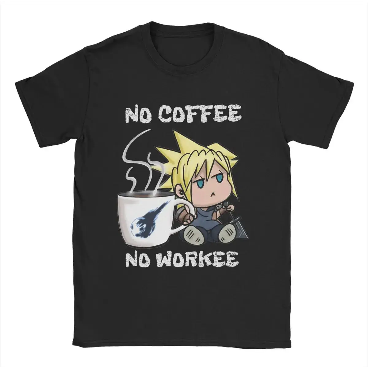 Humorous Chibi Cloud No Coffee No Workee Final Fantasy 7 T-Shirts Men Pure