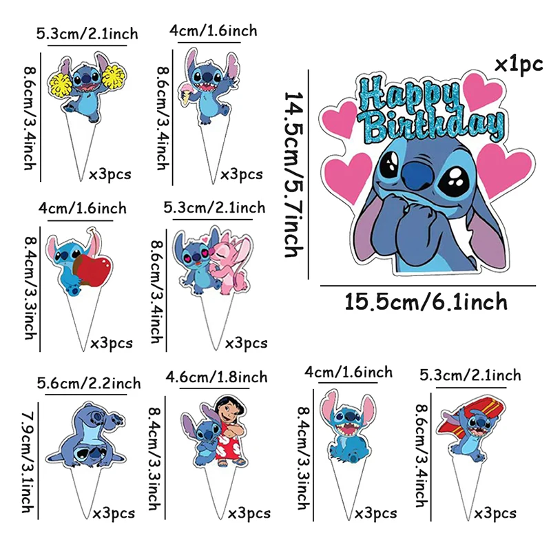 25pcs Lilo & Stitch Blue Glitter Cake Toppers Kids Favor Party Cake Topper Cupcake Topper for Kid Birthday Decor Baby Shower