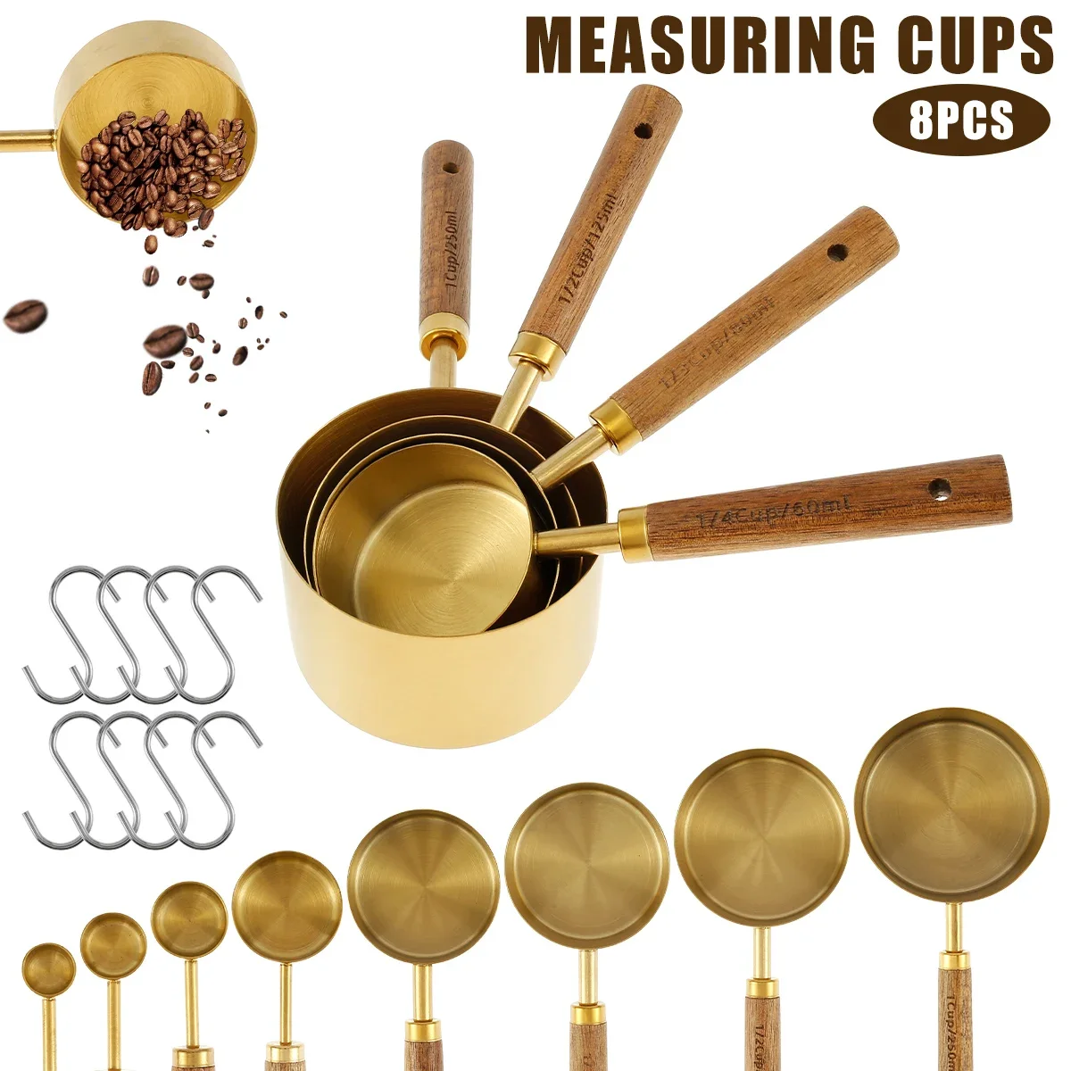 

8Pcs Measuring Cup and Spoon Set Stainless Steel Cup Measurement Set with Wooden Handle Portable Measuring Spoons Set with 8