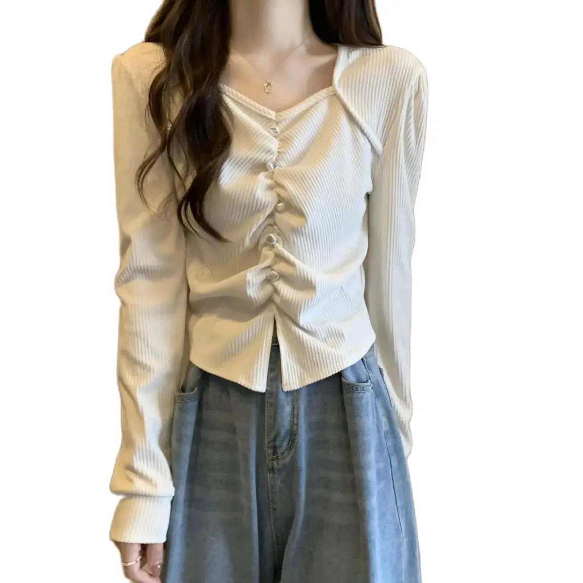 Pleated Button Irregular T-Shirt 2024 Autumn Button New Korean Version V-Neck Solid Color Long-Sleeved Top Slim Bottoming Shirt