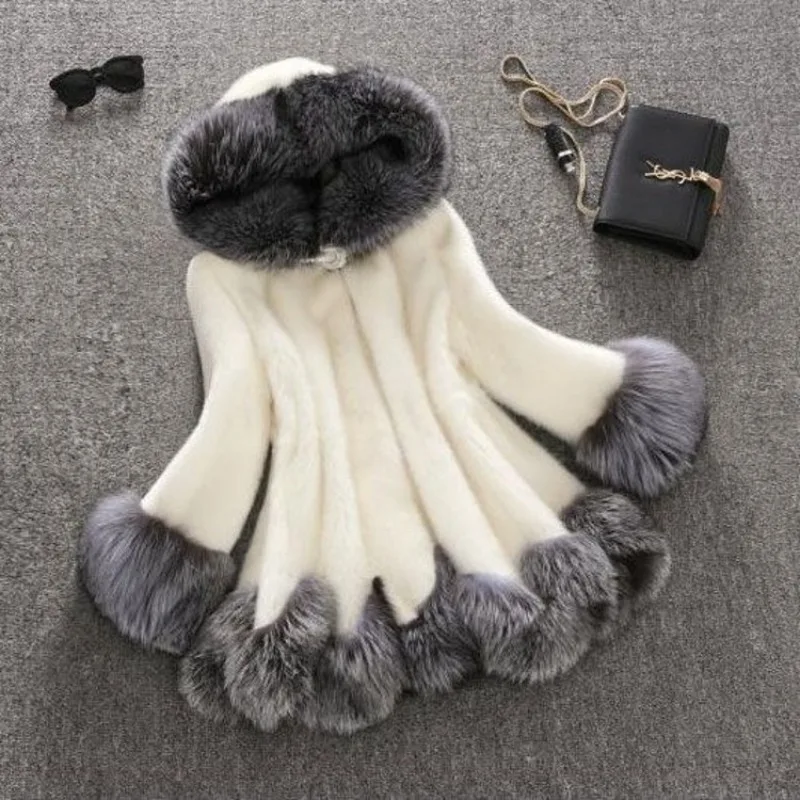 2023 imitation fur women's jacket medium and long with hat hair artificial hair mink European and American style with diamonds