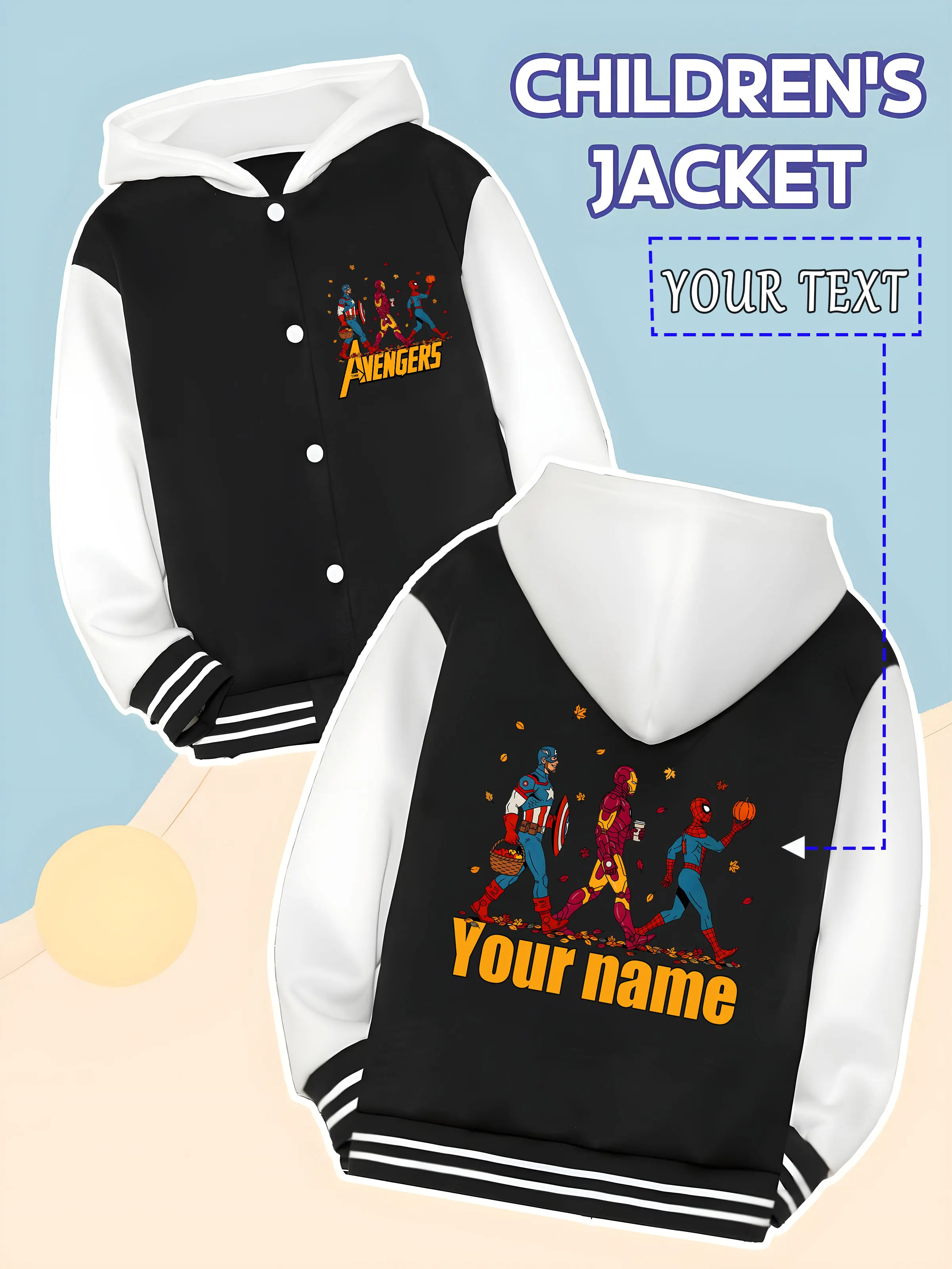 

MINISO Marvel Boys Baseball Jacket - Avengers Hero Autumn Print, full of autumn spirit, perfect for daily leisure in spring and