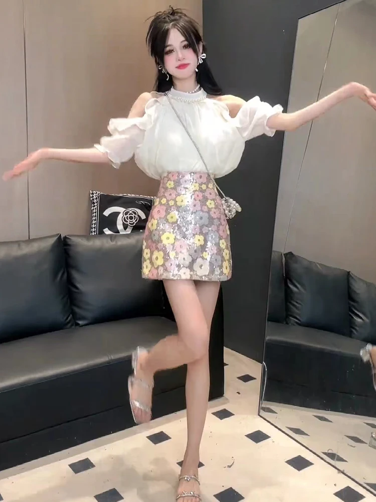 

Summer Fashionable Women's Cute Set Dress Neck Hanging Top Half Skirt Two-Piece Set High-End Feeling Small Stature Matching