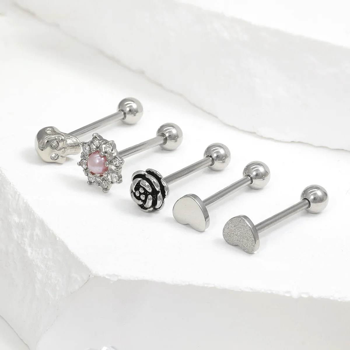 14G Stainless Steel Tongue Rings Straight Barbells Heart Shape Skull Shape Rose Shape Tongue Piercing Jewelry