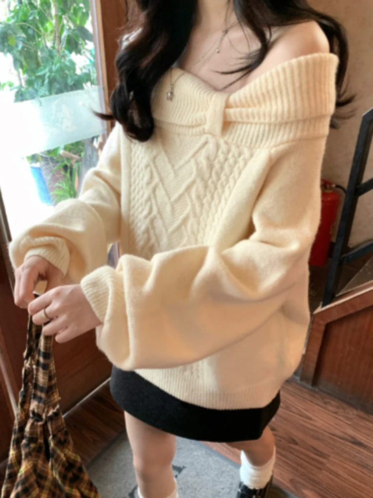 Sweet Japanese Off Shoulder Long Sleeve Knit Jumper Breathable Soft Fabric Vintage Daily Loose Fashion Women Pullover Sweater